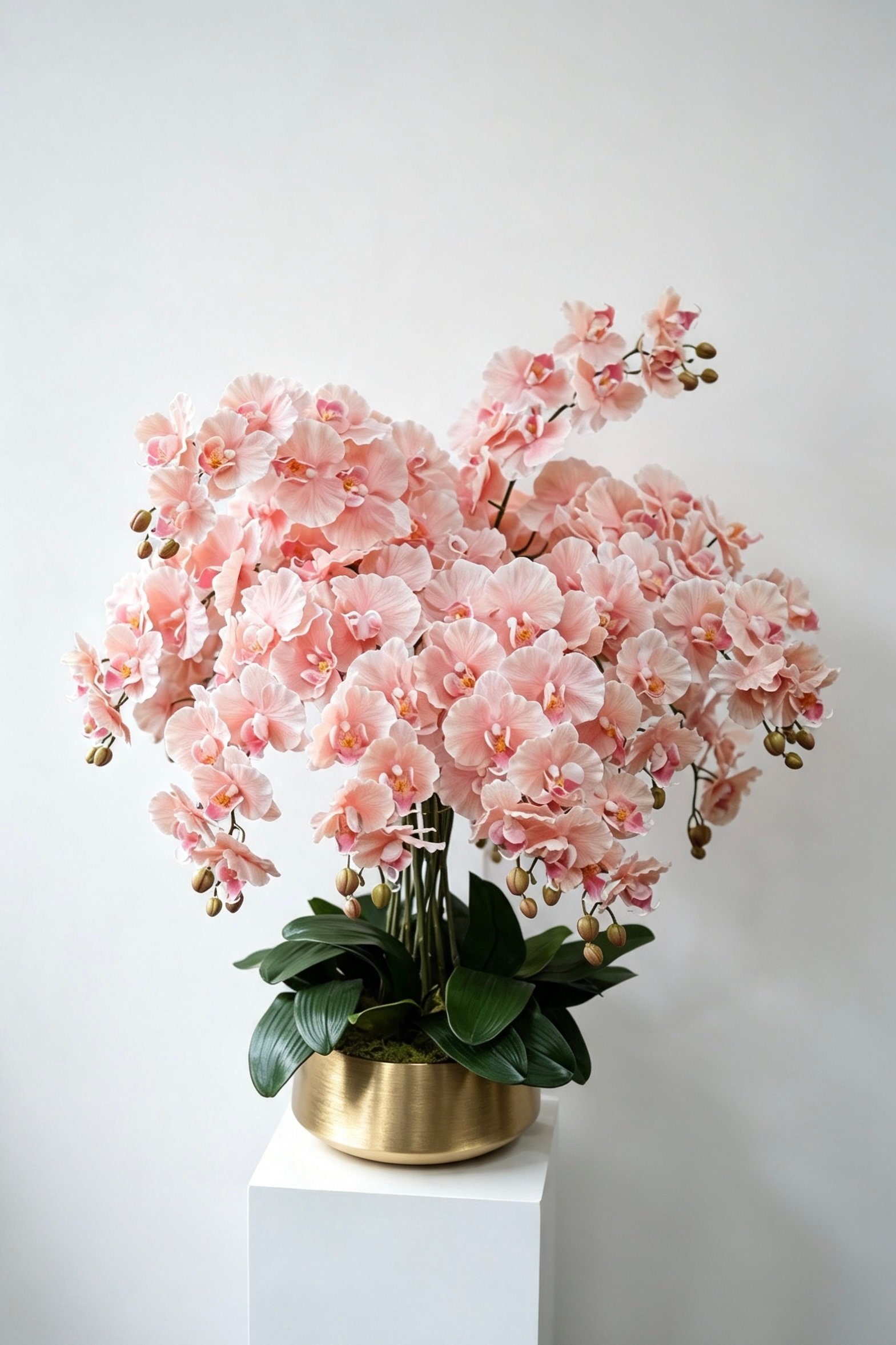 Aurelia grand burgundy sixteen-stem silk orchid arrangement in a gold pot Aurelia grand blush pink sixteen-stem silk orchid arrangement in a gold pot