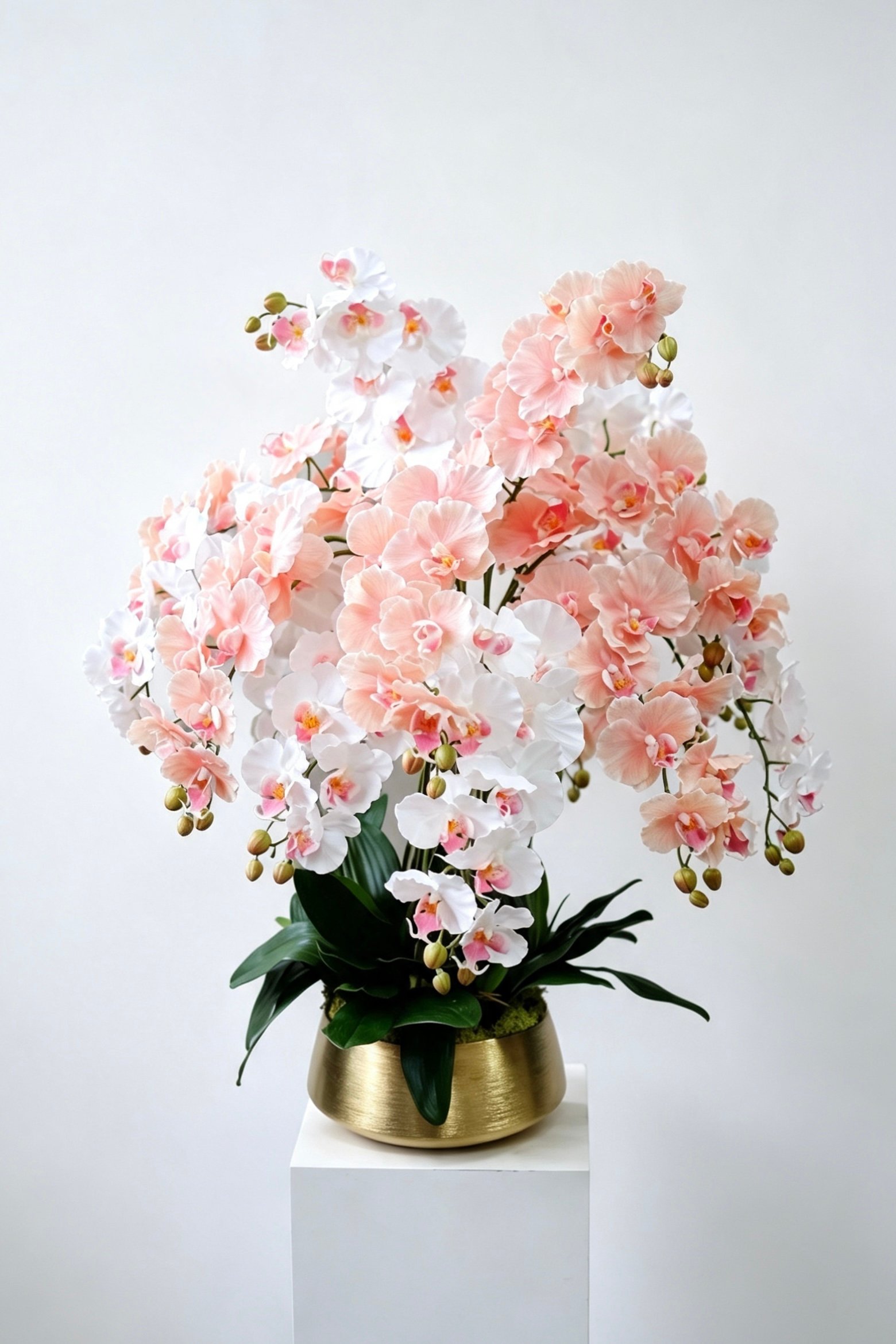 Aurelia grand burgundy sixteen-stem silk orchid arrangement in a gold pot Aurelia grand blush and white sixteen-stem silk orchid arrangement in a gold pot