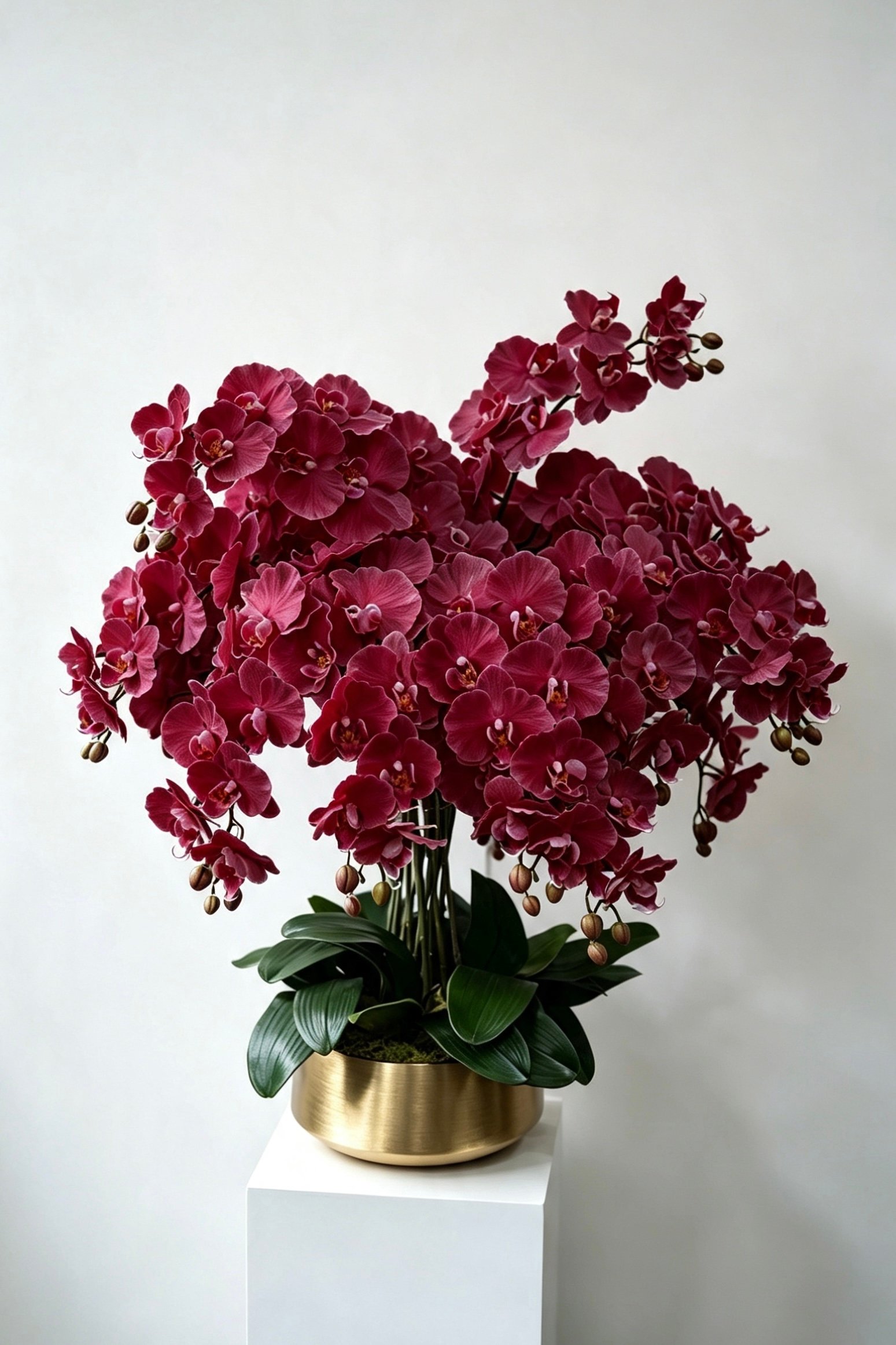 Aurelia grand burgundy sixteen-stem silk orchid arrangement in a gold pot Aurelia grand burgundy sixteen-stem silk orchid arrangement in a gold pot