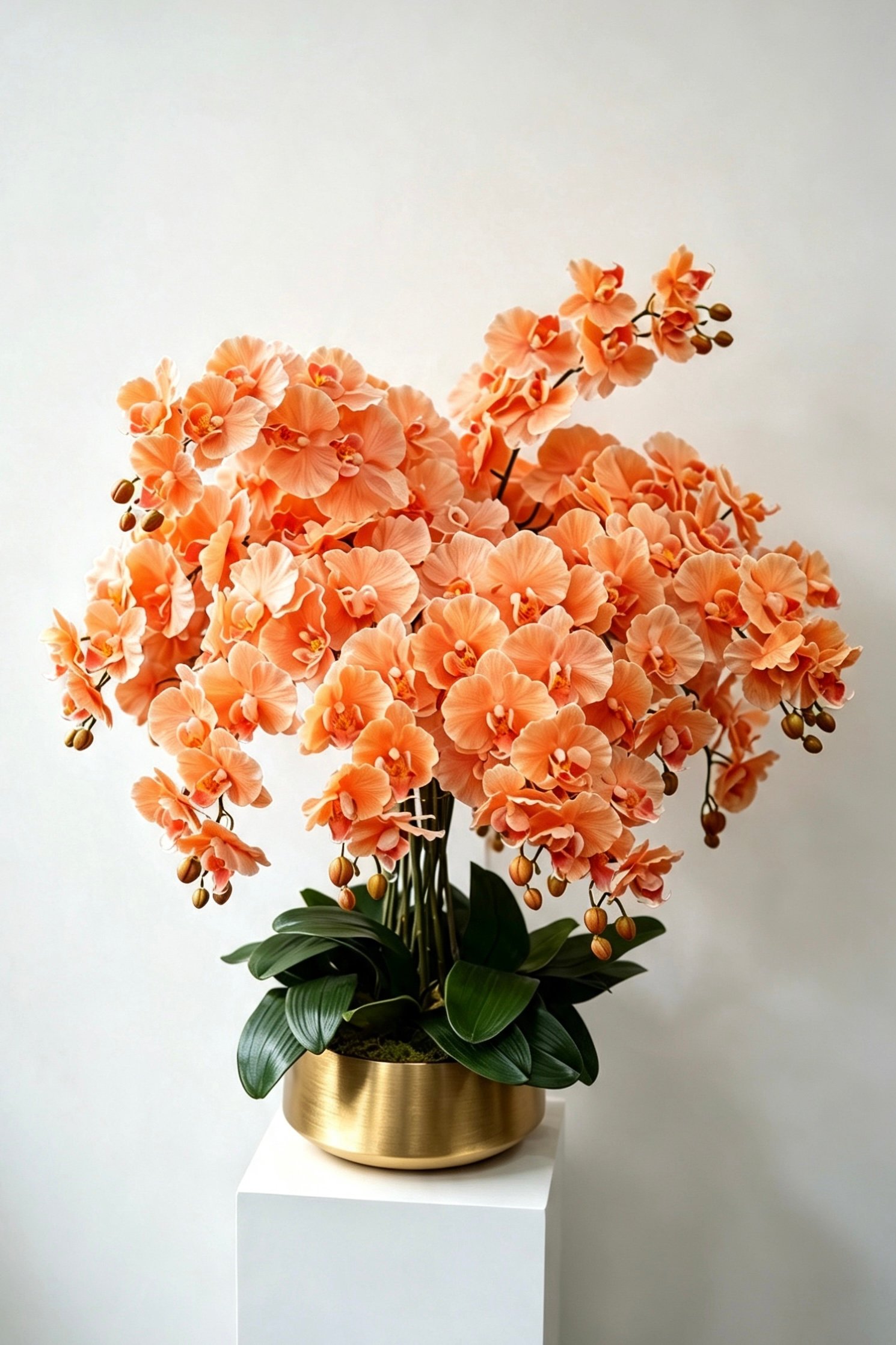 Aurelia grand burgundy sixteen-stem silk orchid arrangement in a gold pot Aurelia grand orange sixteen-stem silk orchid arrangement in a gold pot