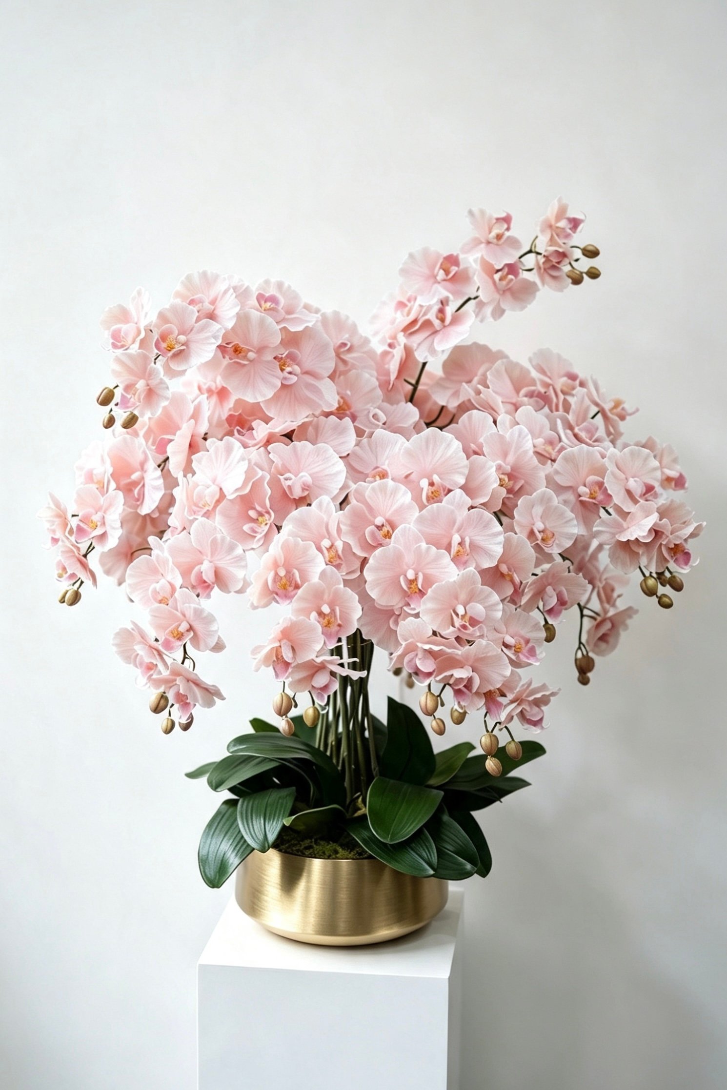 Aurelia grand burgundy sixteen-stem silk orchid arrangement in a gold pot Aurelia grand soft pink sixteen-stem silk orchid arrangement in a gold pot