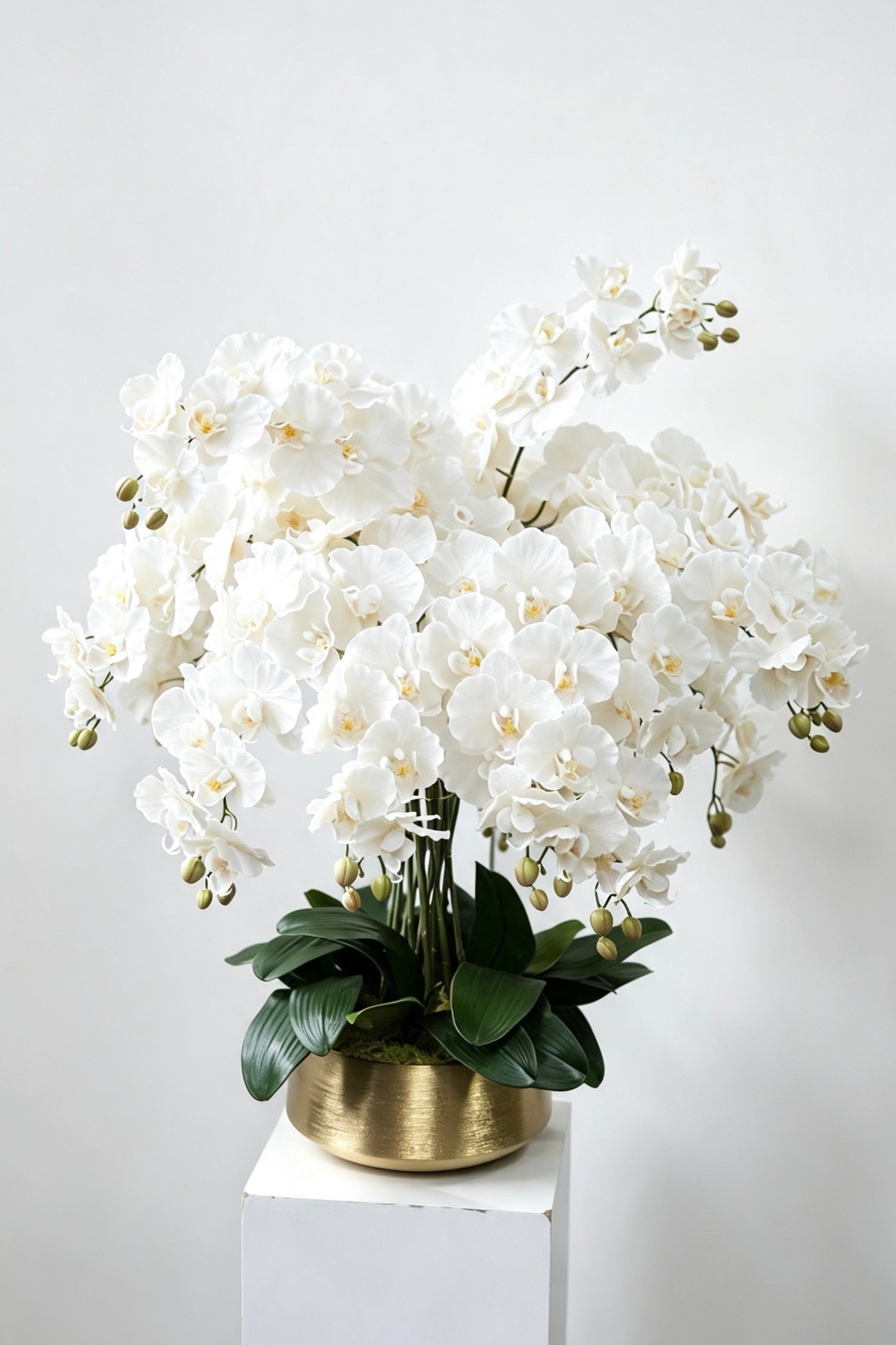 Aurelia grand burgundy sixteen-stem silk orchid arrangement in a gold pot Aurelia grand white sixteen-stem silk orchid arrangement in a gold pot