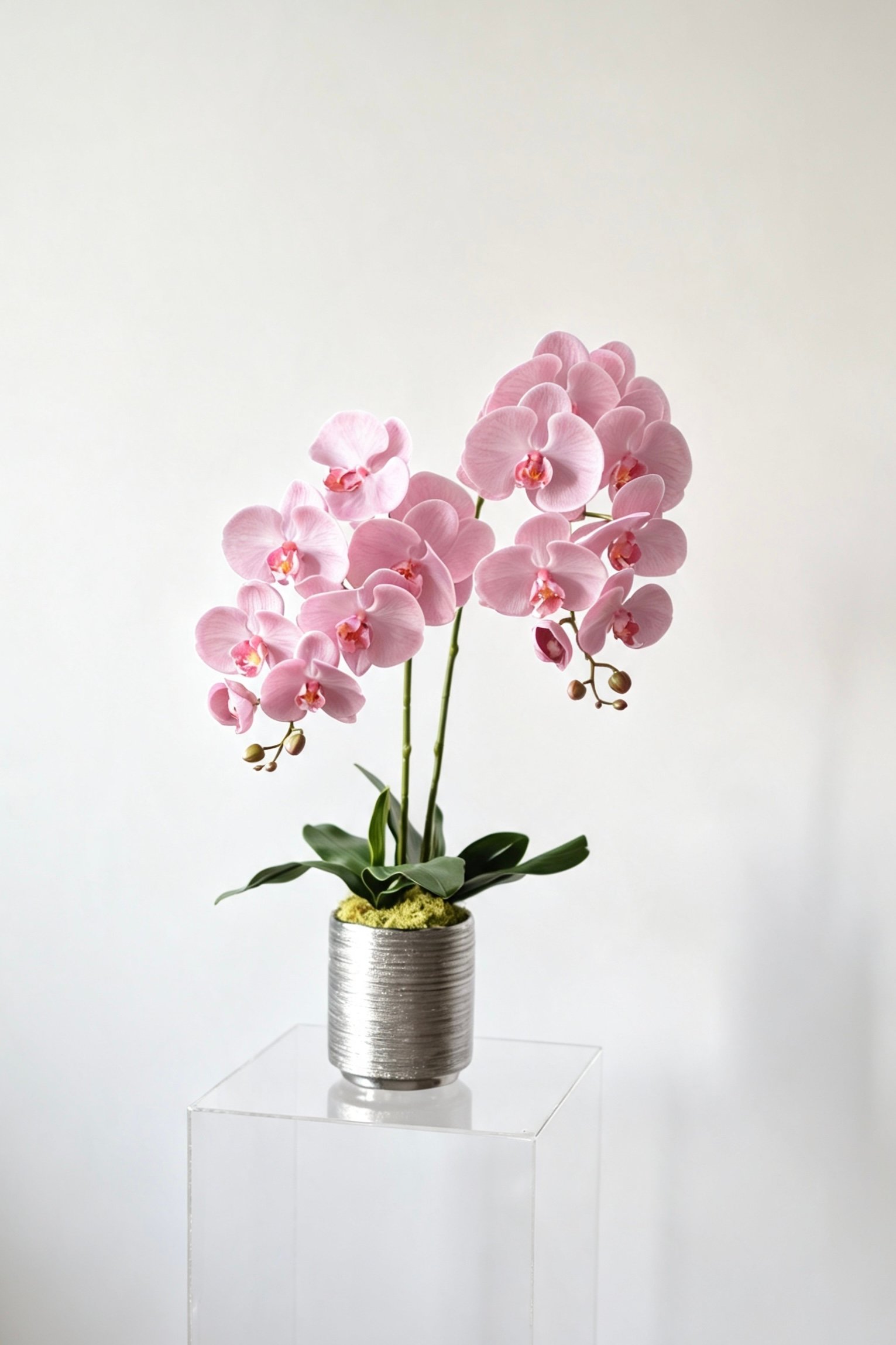 Luna ivory two-stem silk orchid arrangement in a silver ceramic pot Luna blush pink two-stem silk orchid arrangement in a silver ceramic pot