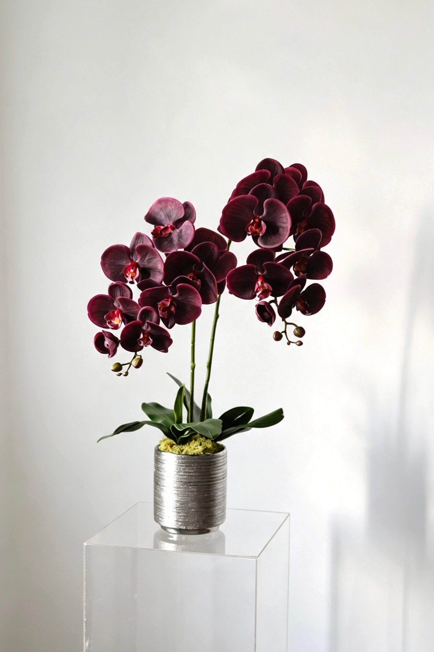 Luna ivory two-stem silk orchid arrangement in a silver ceramic pot Luna burgundy two-stem silk orchid arrangement in a silver ceramic pot