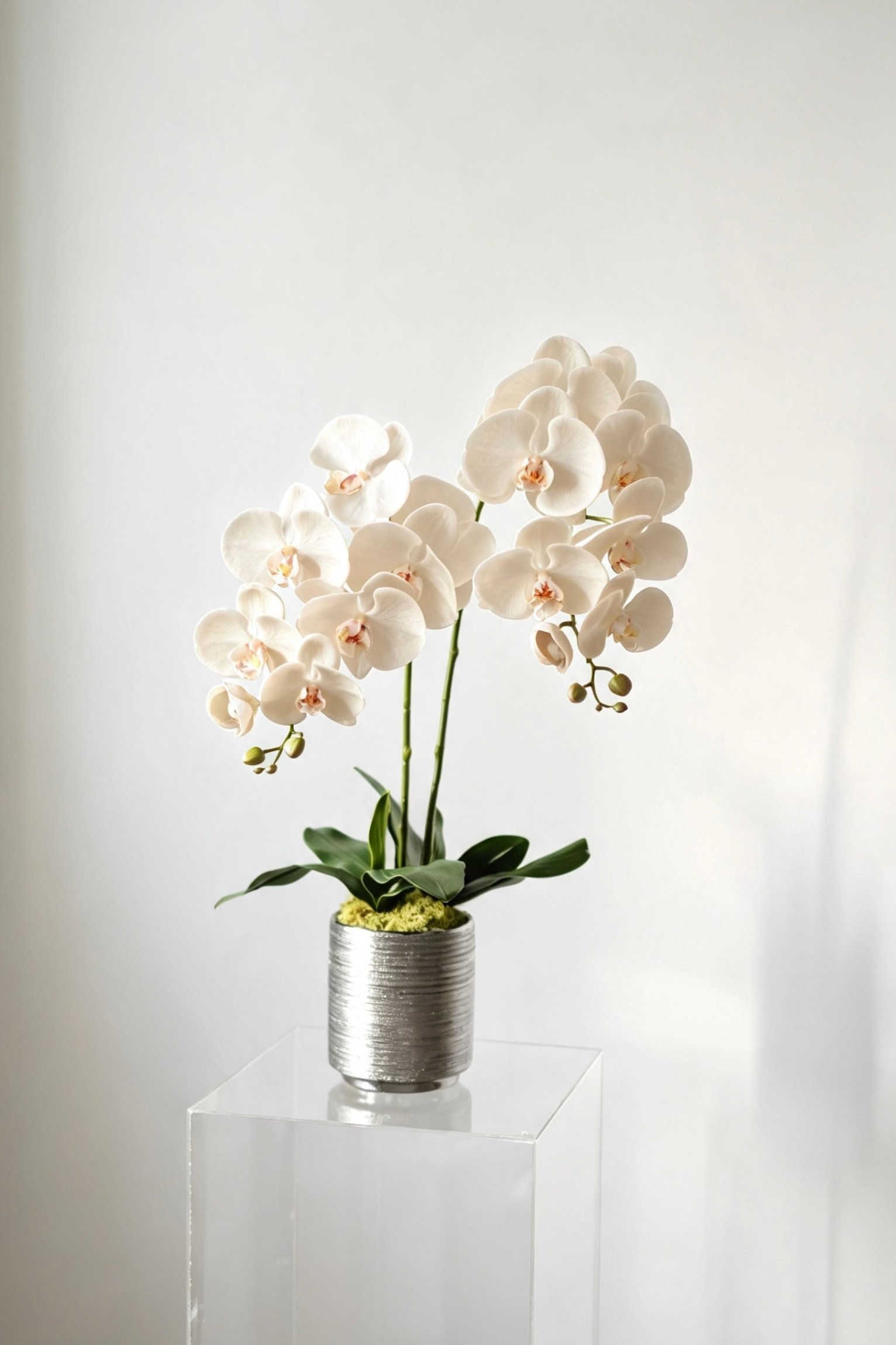 Luna ivory two-stem silk orchid arrangement in a silver ceramic pot Luna ivory two-stem silk orchid arrangement in a silver ceramic pot