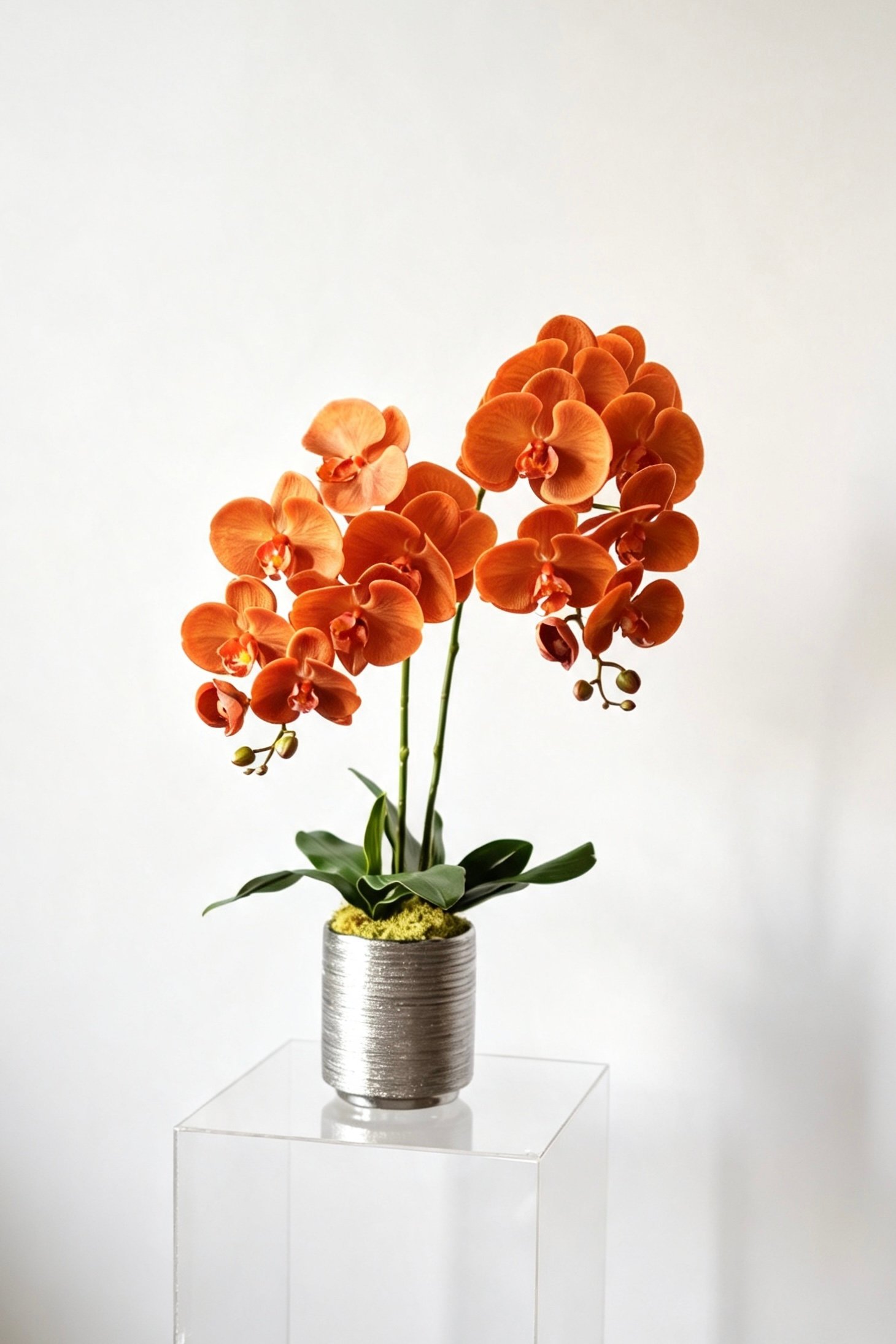 Luna ivory two-stem silk orchid arrangement in a silver ceramic pot Luna orange two-stem silk orchid arrangement in a silver ceramic pot