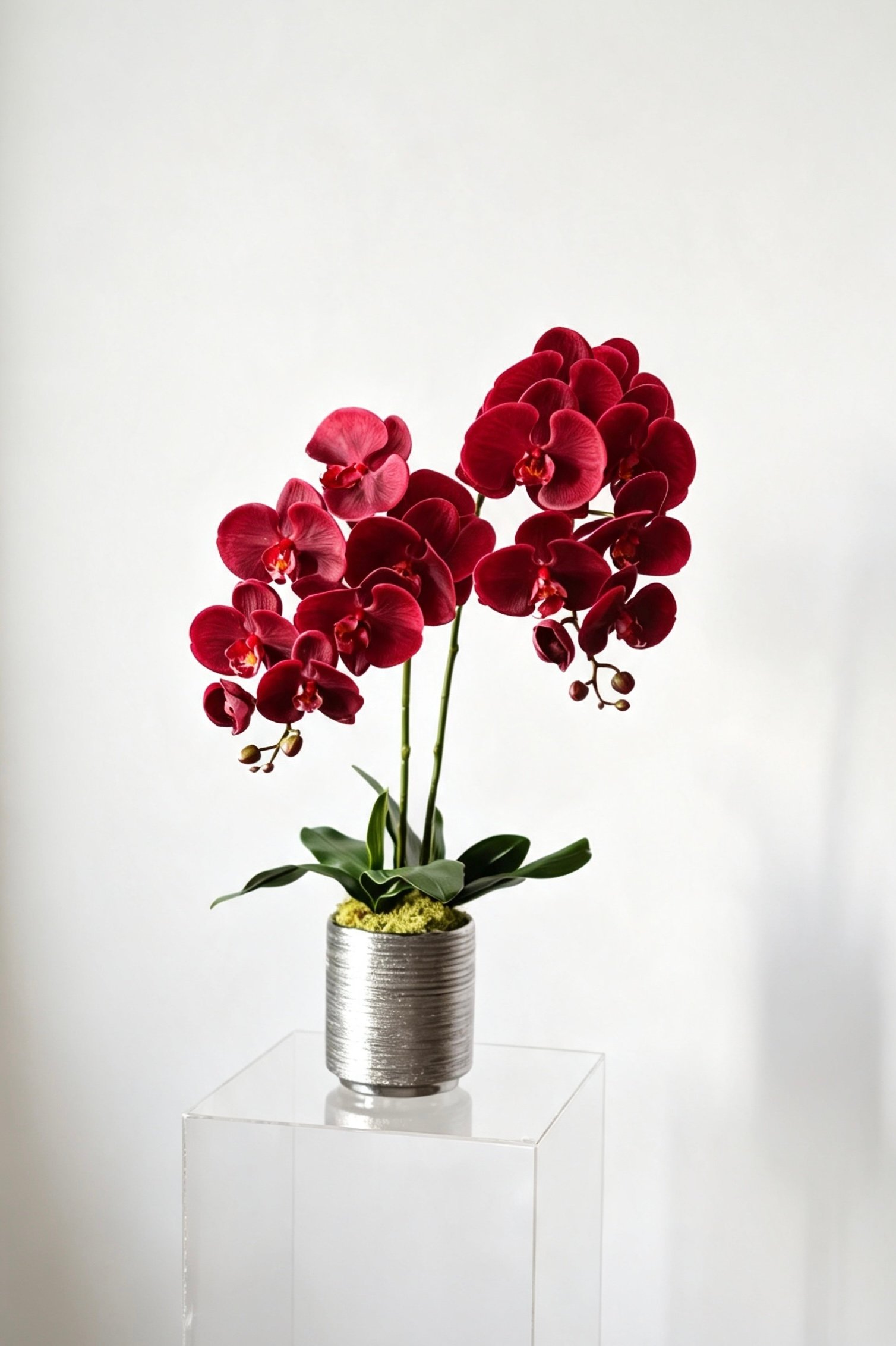 Luna ivory two-stem silk orchid arrangement in a silver ceramic pot Luna red two-stem silk orchid arrangement in a silver ceramic pot