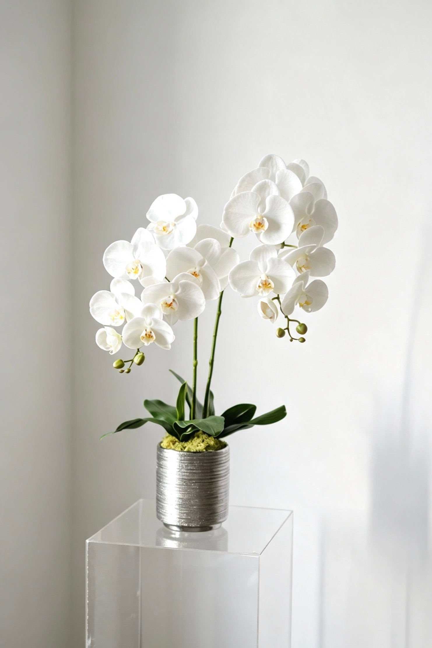Luna ivory two-stem silk orchid arrangement in a silver ceramic pot Luna white two-stem silk orchid arrangement in a silver ceramic pot