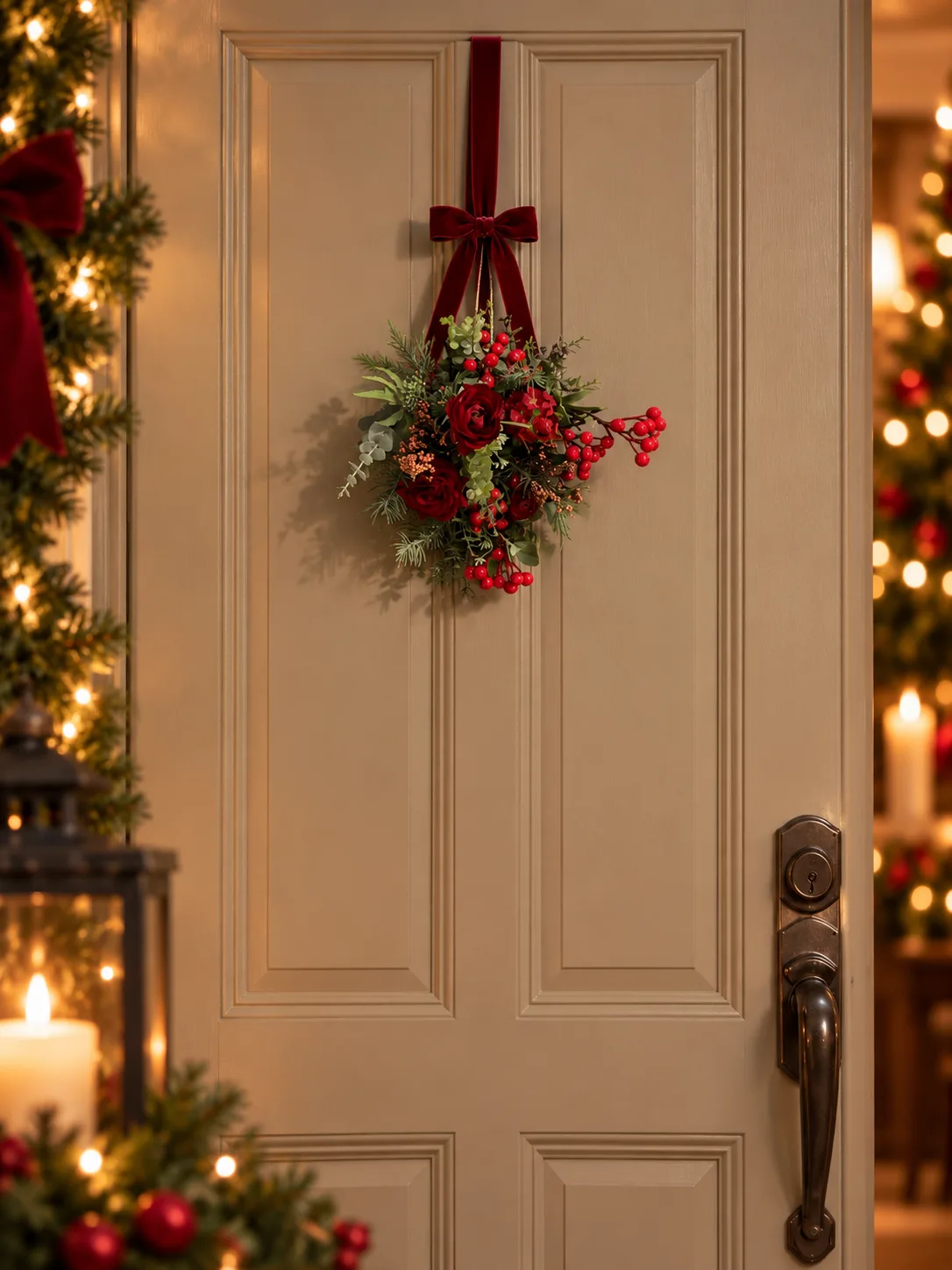 Compact Christmas floral arrangement displayed as a door wreath